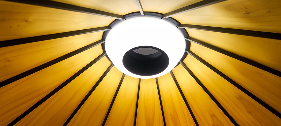 Interior detail of the LZF Banga lamp in yellow wood and LED