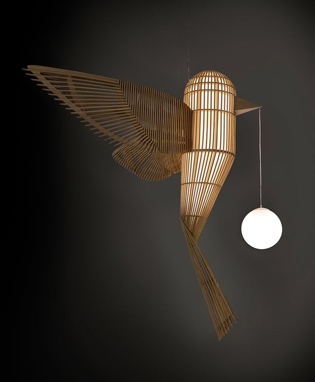 Big Bird lamp by LZF in vertical format handmade with wood