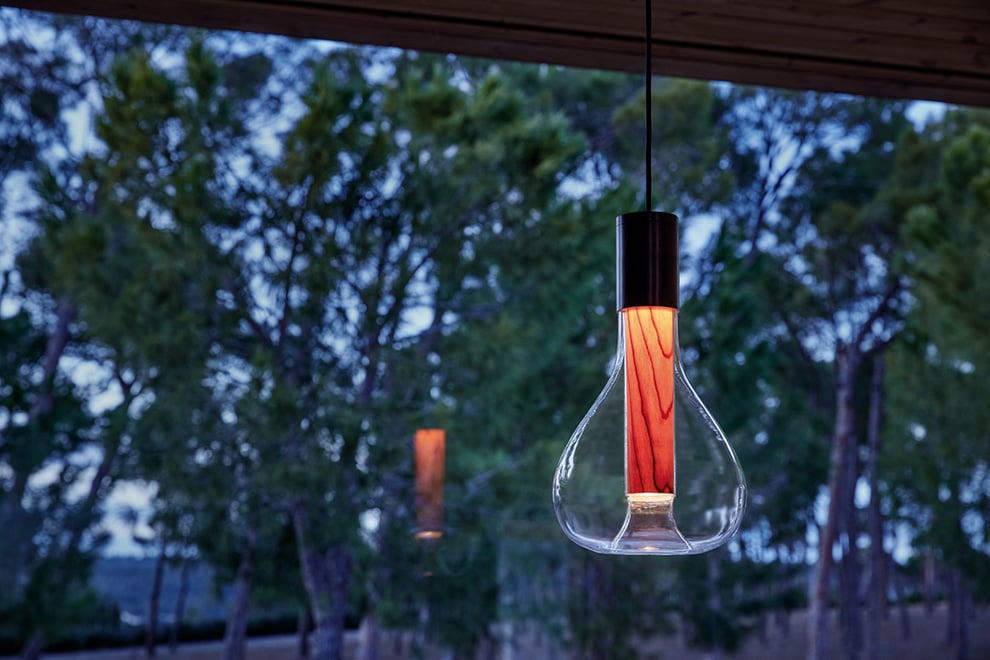Eris handcrafted glass and wood lamp by LZF designed by Mayice