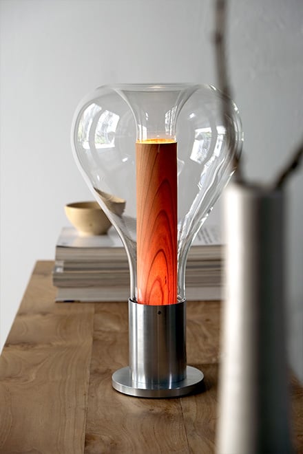 Glass, wood and aluminum table lamp designed by Mayice for LZF