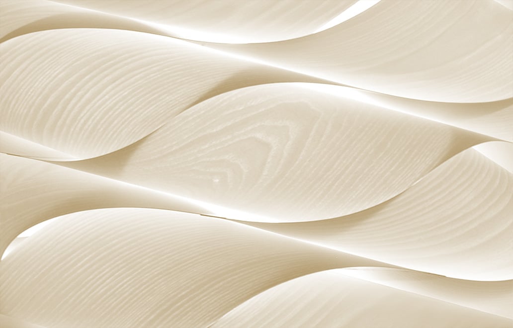 Detail of the elegant Möbius strip lamp in white stacked wood veneer
