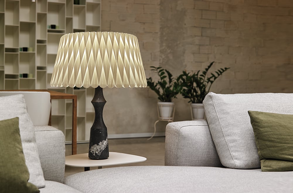 Conical lamp with an intricate geometric pattern of natural wood veneer and marble base