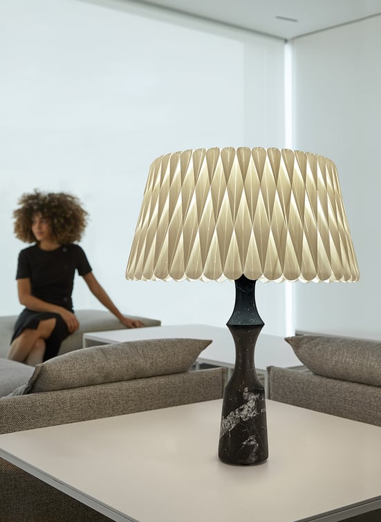 Conical lamp with intricate geometric pattern and marble base