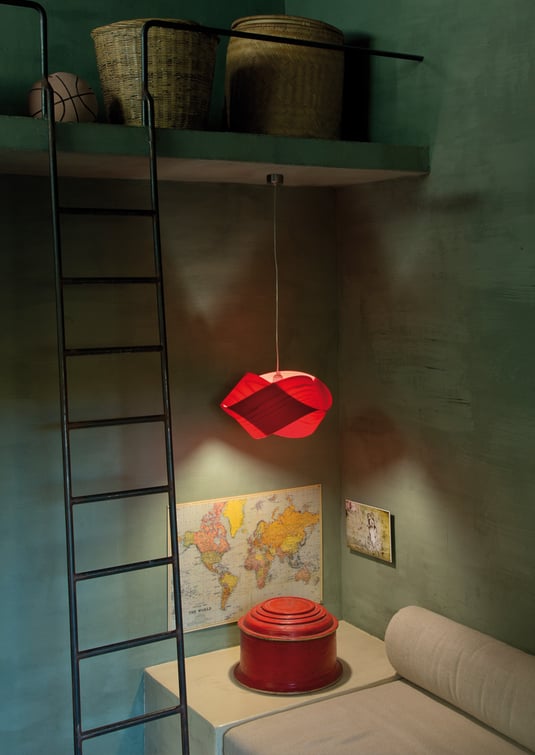 Youth bedroom illuminated with handmade red wood veneer lamp