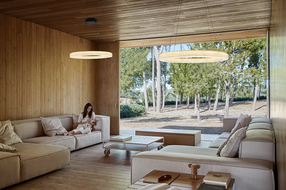 Resting area in the house with wooden and LED dimmable lamps