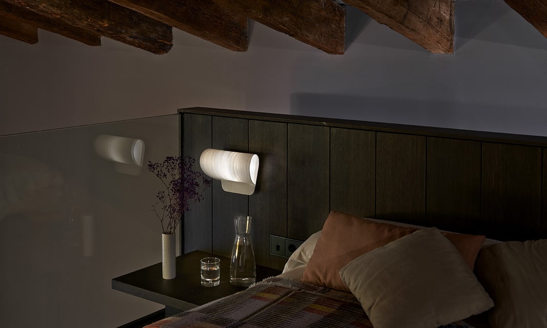 Hotel room with wall lamp in wood veneer by LZF