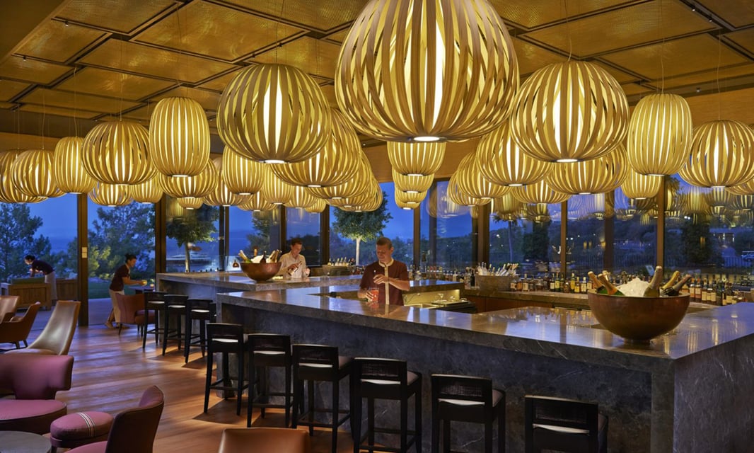 a striking group of elongated, ellipse shaped wood veneer lights decorating a restaurant ceiling