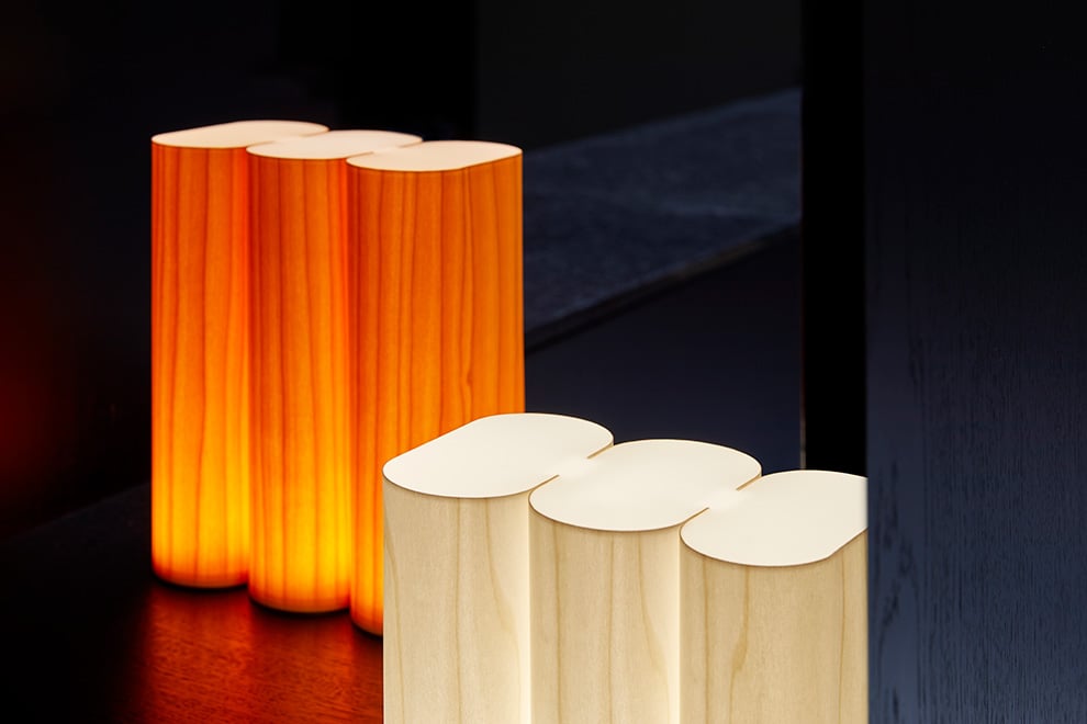 Detail of lamps made of oblong pieces of natural veneer