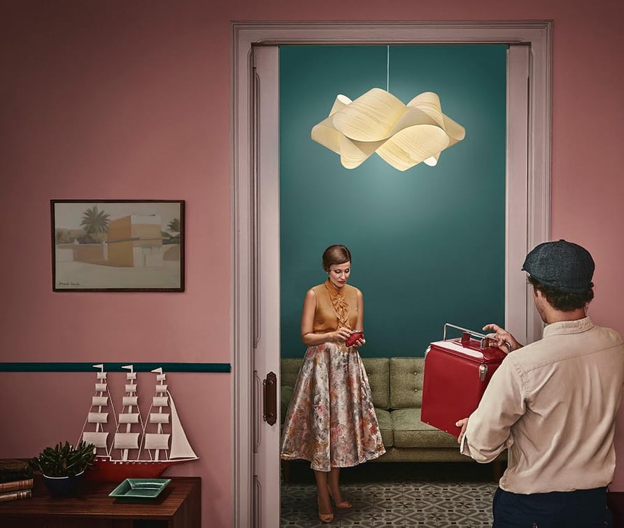 John gets home. Lana is reading. Swirl suspension lamp