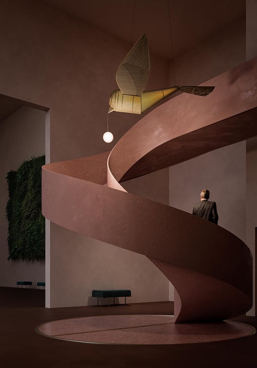 Big Bird-by-LZF-in-a-hotel-lobby-at-the-top-of-a-spiral-staircase