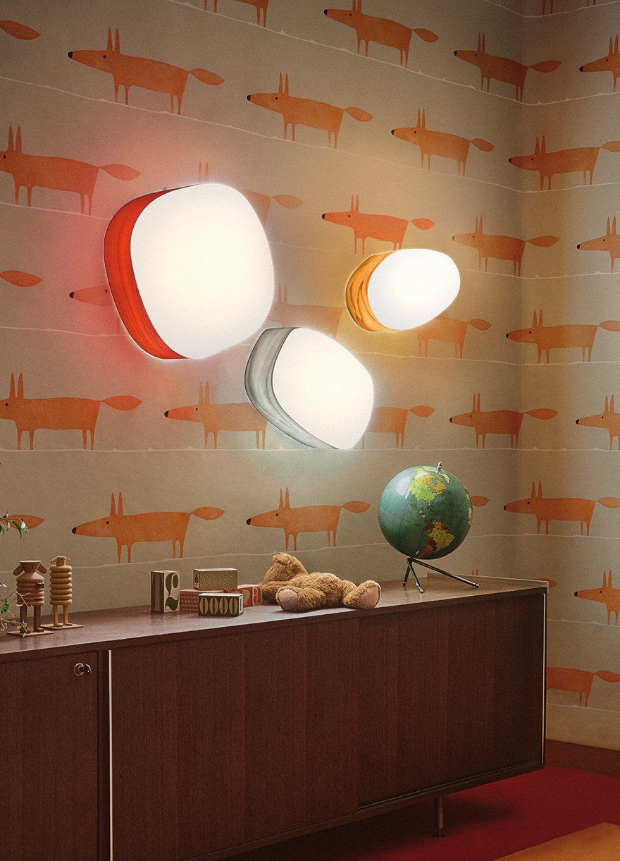 Detail of-children's-room-with-colored-wooden-sconces-in-the-shape-of-pebbles