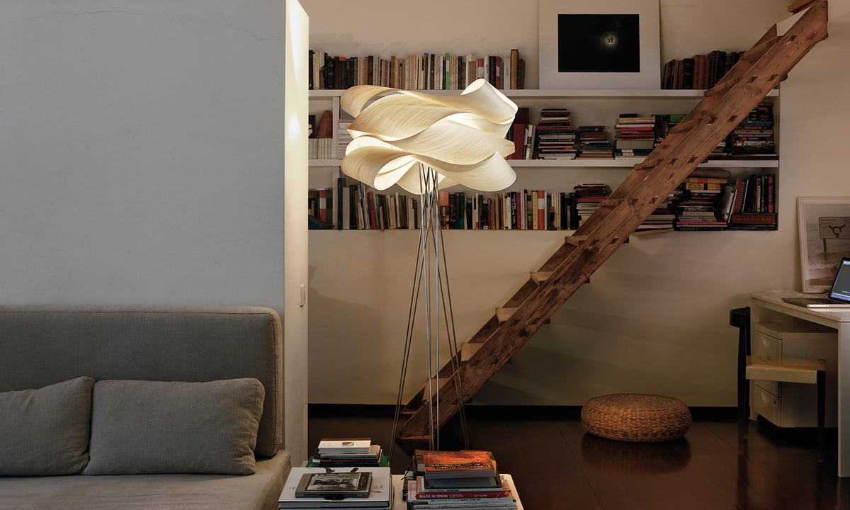 Living room-detail-of-beautiful-floor-lamp-with-ivory-white-wood-veneer-light-diffuser_