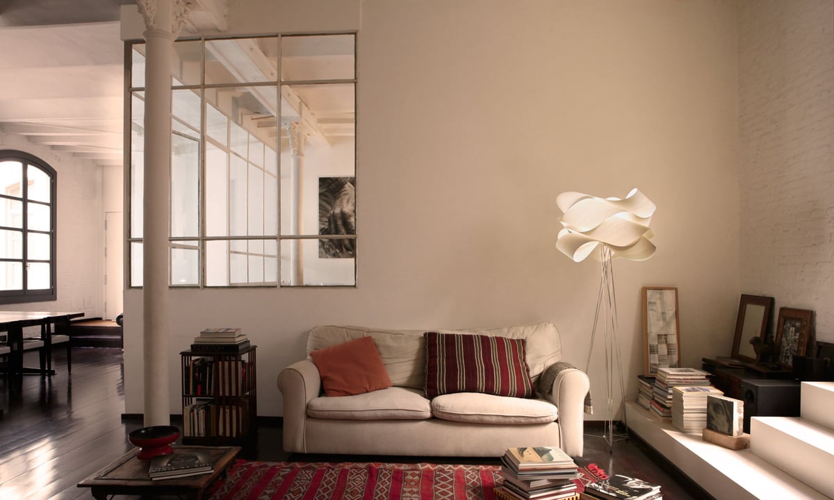 Open plan-living-room-with-LZF-metal-floor-lamp-and-ivory-white-wood-veneer-diffuser