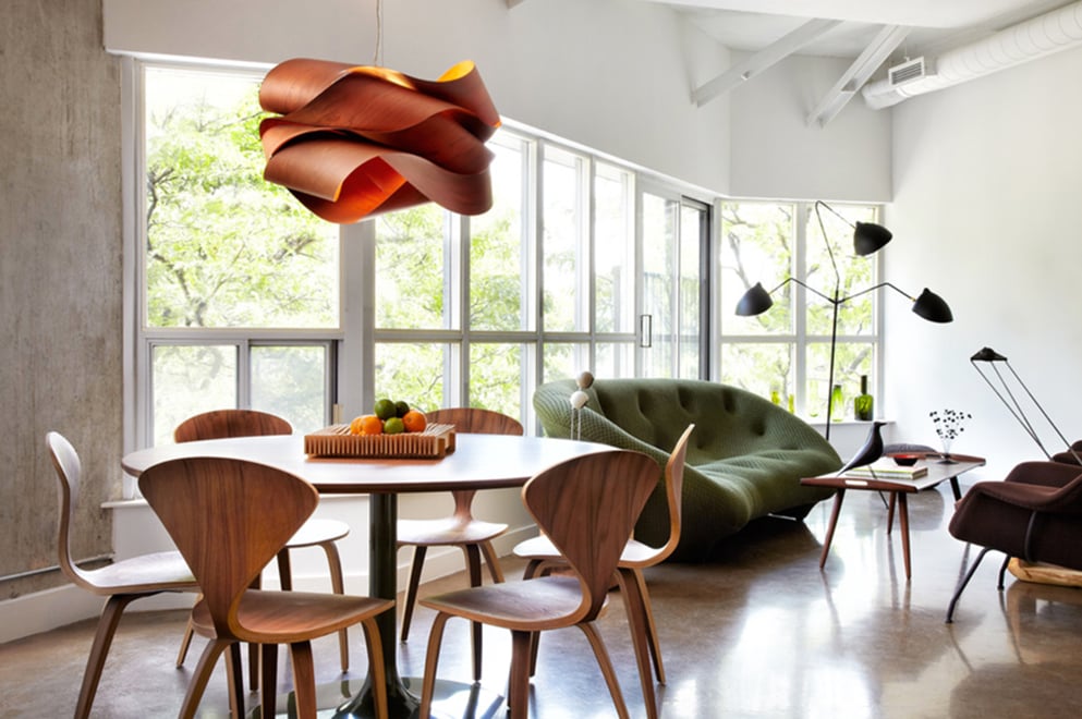 Modern living-room-illuminated-with-the-LINK-lamp-by-lzf-handcrafted-in-natural-cherry-wood