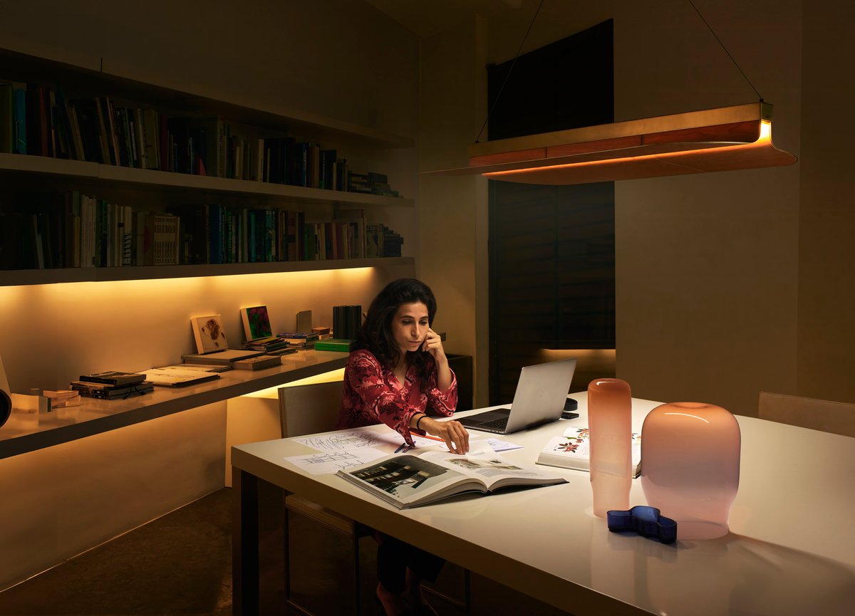 work area-elegantly-illuminated-by-a-lamp-created-from-a-long-leaf-of-natural-wood-combined-with-metal